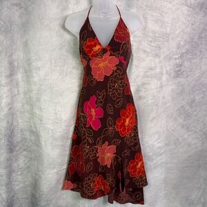 Vtg Y2k Express Dark Floral Babydoll top Asymmetrical Dress Sz 7 Brown Burgundy